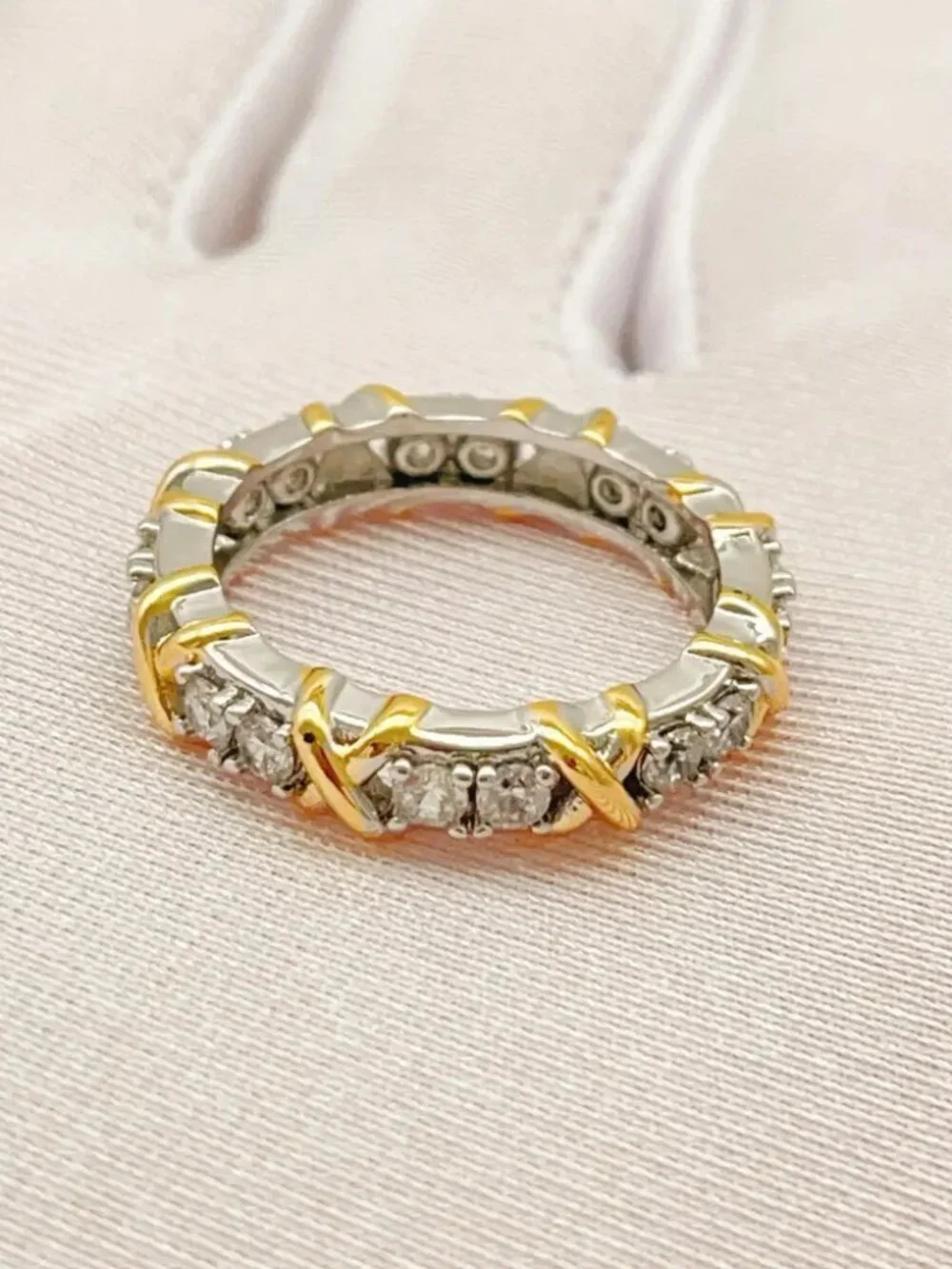 Tiffany & Co. Silver White Diamond Gold X Symbol Ring